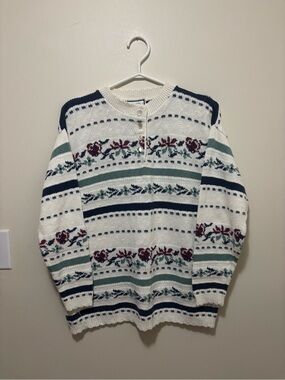 Vintage Carroll Reed Collections Floral Fair Isle Henley Cotton Blend Sweater